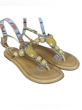 Antonio Melani Tan Leather Thong Sandals Yellow Sparkle Stone Size 7